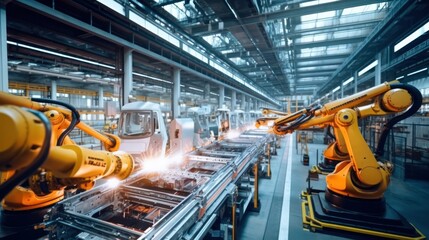 Fototapeta premium Industrial of automatic robot arm car assembly production, Robotic arm car manufacturing