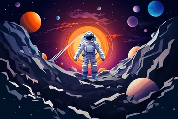 Fotobehang paper cutting art style of astronaut flying in the universe, planet, asteroid, nested shape layers, vector graphic © arjan_ard_studio