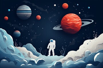 paper cutting art style of astronaut flying in the universe, planet, asteroid, nested shape layers, vector graphic - obrazy, fototapety, plakaty