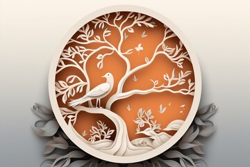 paper cutting art style of bird on tree in organic frame, nested shape layers, vector graphic - obrazy, fototapety, plakaty