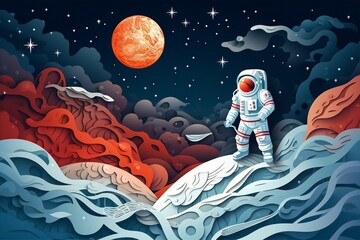 paper cutting art style of astronaut flying in the universe, planet, asteroid, nested shape layers, vector graphic