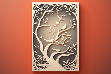 paper cutting art style of bird on tree in organic frame, nested shape layers, vector graphic