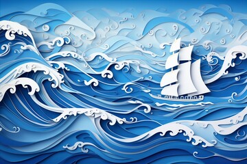 paper cutting art style of boat on sea, rain, wave, vector graphic, blue and white color