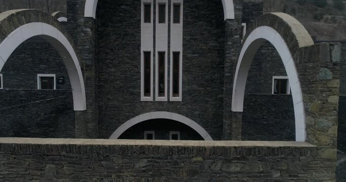 Winter. Aerial. Sanctuary of Our Lady of Meritxell is a basilica located in the town of Meritxell, in the Andorran parish of Canillo. Andorra. 