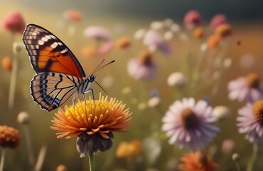 Photo closeup of a butterfly pollinating a flower. AI Generated