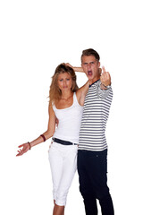 Man, woman and angry with middle finger in portrait with shout for clothes. People, friends or model with pose on isolated or a transparent png background in Sweden for fashion, style or trendy look