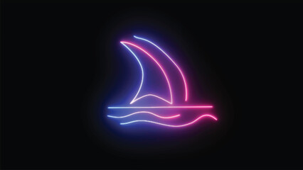 Neon icon of a sailing boat. Purple and violet symbols on a black backdrop.