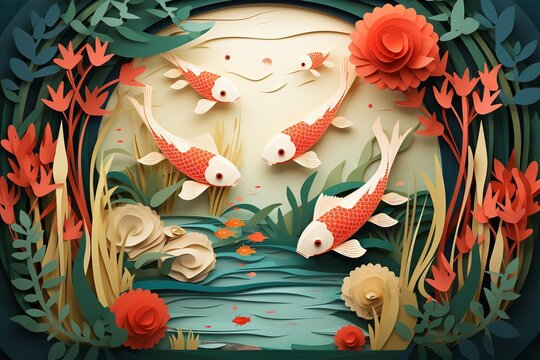 paper cutting art style of fish in pond in organic frame, nested shape layers, vector graphic