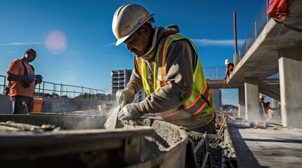 Construction worker pouring concrete at construction site