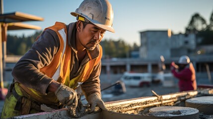 Construction worker pouring concrete at construction site