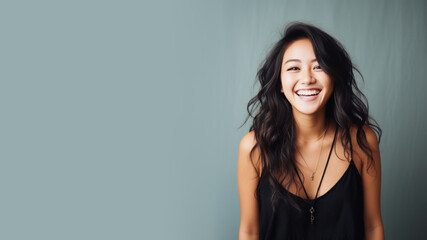 Asian woman model wear a black sundress isolated on pastel background