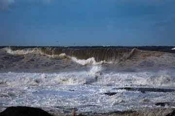 Detail of rough seas and strong sea agitation, red alert status forecast.