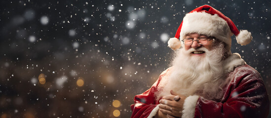 Santa Claus Portrait on a Snowy Background with Ample Copy Space: Embracing the wintery magic of the holiday season.Concept of New Year and Christmas
