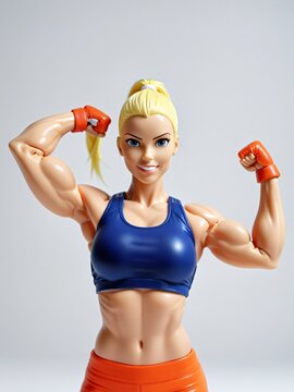 A 3D Toy Sporty Woman Flexing Arm Muscles On A White Background