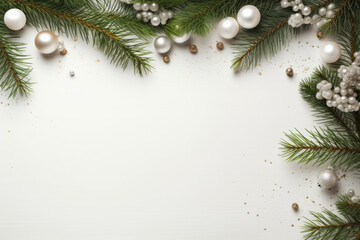 Obraz na płótnie Canvas Festive top view flat lay white snowy Christmas background with fir twigs ornaments and empty copy space surface winter holiday concept