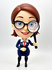 A 3D Toy Cartoon Businesswoman Holding Big Magnifying Glass On A White Background