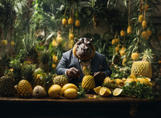 Hippopotamus wearing a suit and pineapple