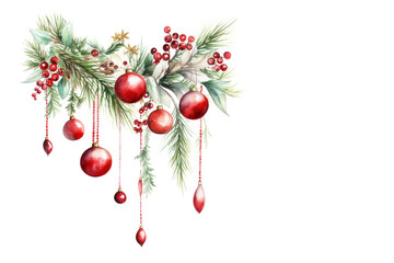 Holiday spirit of watercolour shimmering ornaments, delicate pine branch garland and lush greenery on white background. Merry Christmas concept