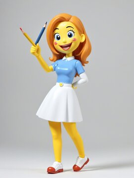 A 3D Toy Happy Cartoon Woman Holding Pencil On A White Background