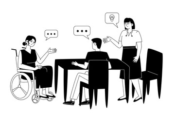 A team of employees sits at a table and discusses work issues, ideas and makes decisions