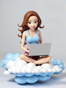 A 3D Toy Cartoon Woman Sitting On Cloud And Using Laptop On A White Background