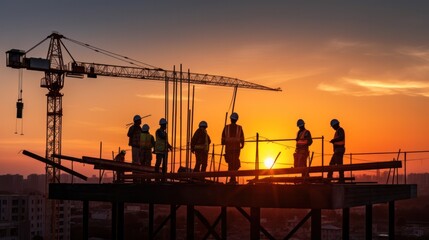 Silhouette of construction workers on the construction site at sunset and crane, scaffolding and structure