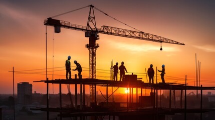 Silhouette of construction workers on the construction site at sunset and crane, scaffolding and structure