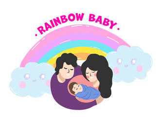 National Rainbow Baby Day card. Happy family with little child, rainbow and cute clouds on white background, illustration