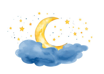 Cute Night Moon Stars Watercolor. Night Sky with Lot of Shiny Stars. Vector illustration. Hand Drawn illustration. baby shower invitation card.