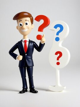A 3D Toy Cartoon Businessman Leaning Under Question Mark On A White Background