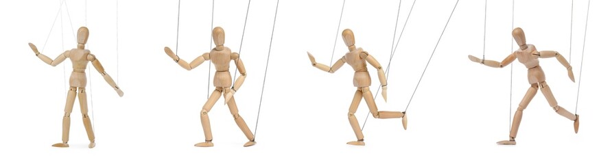 Wooden puppet with strings on white background, collection of different poses - obrazy, fototapety, plakaty
