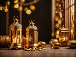 Atmospheric Ramadan and Eid concept design in gold with lanterns, decor and lighting for advert, posture, social media posts