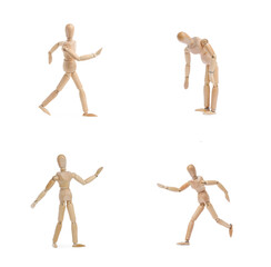 Wooden puppet on white background, collection of different poses