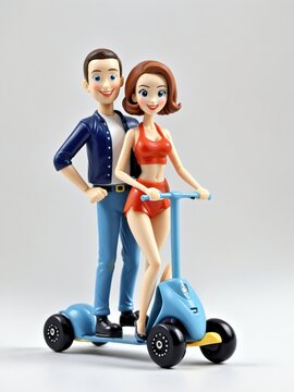 A 3D Toy Cartoon Man And Woman Riding A Scooter On A White Background