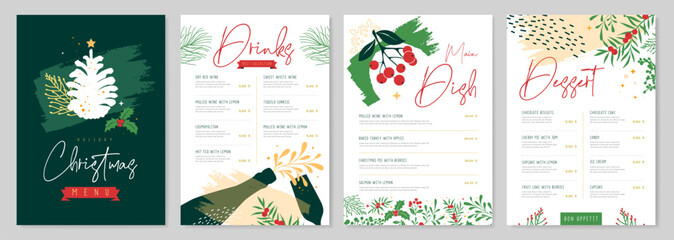 Restaurant Christmas holiday menu design with christmas floral desoration. Vector illustration