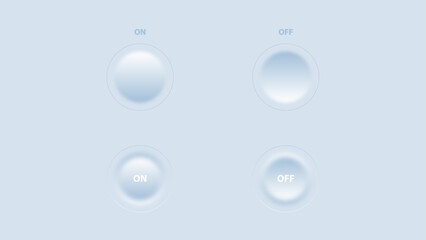 Soft UI Neomorphic design style on off pushed button set of switches. Modern circle rubber button clean center light icon in white background. Light control by user interface. Sound management.