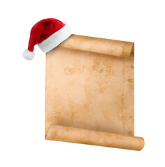 Letter for Santa. Red hat and old parchment on white background