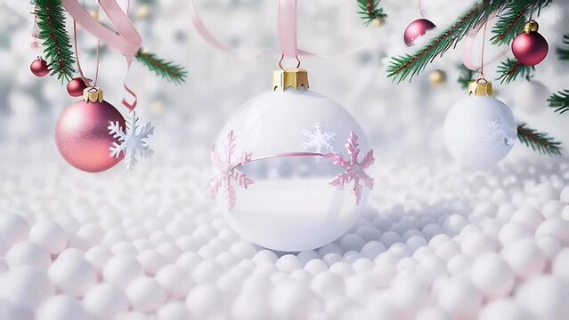white christmas ball with pink and white winter snowflakes. christmas abstract design close up. zoom out.