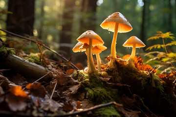 Wild mushrooms in the woods, wood mushrooms, forest mushrooms, forest plants, organism - Powered by Adobe