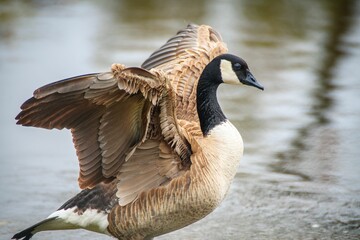 Goose stands on the surface of a tranquil pond with its wings outstretched