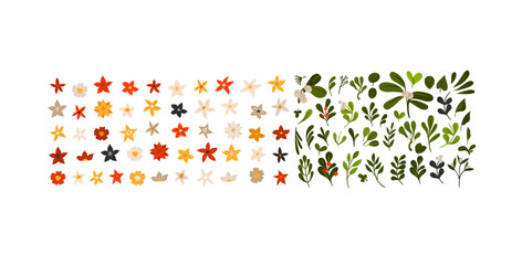 Hand drawn vector abstract cartoon Merry Christmas and Happy new year clipart illustrations elements set with flower,leaves and pine branch.Merry Christmas cute design.Winter holiday decoration.