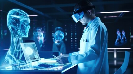 Medical technology, medical doctors use virtual reality headsets with robots to research and test the results of patients on a virtual interface