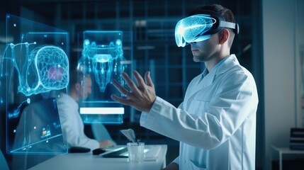 Medical technology, medical doctors use virtual reality headsets with robots to research and test the results of patients on a virtual interface