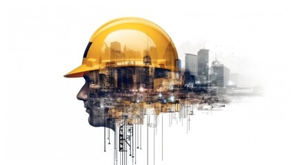 Engineer and Building construction double exposure design in head