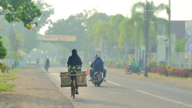 An Indonesian woman wearing a hijab rides an old bicycle on a paved road in rural Jember, Indonesia.