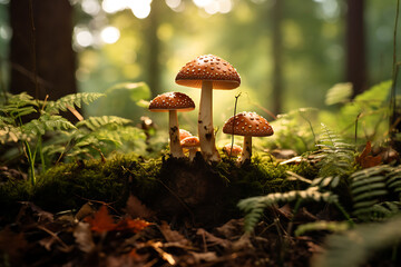 Wild mushrooms in the woods, wood mushrooms, forest mushrooms, forest plants, organism - obrazy, fototapety, plakaty