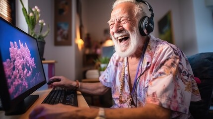 Fototapeta na wymiar Old man gamer laughing and playing online games computer, Relaxation with video game