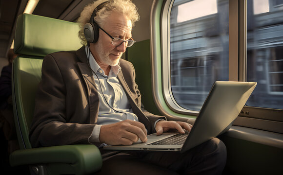 senior man in a train looking at his laptop