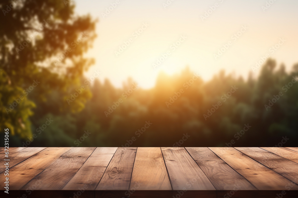 Poster empty wood table against blurry nature background. useful for product display. front view.