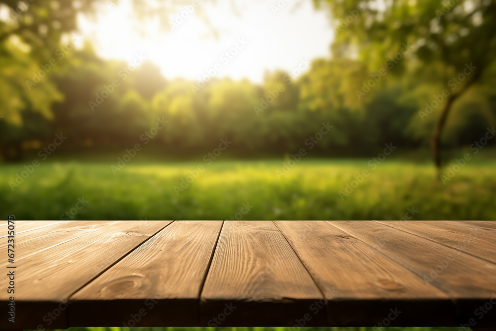 Poster empty wood table against blurry nature background. useful for product display. front view.
